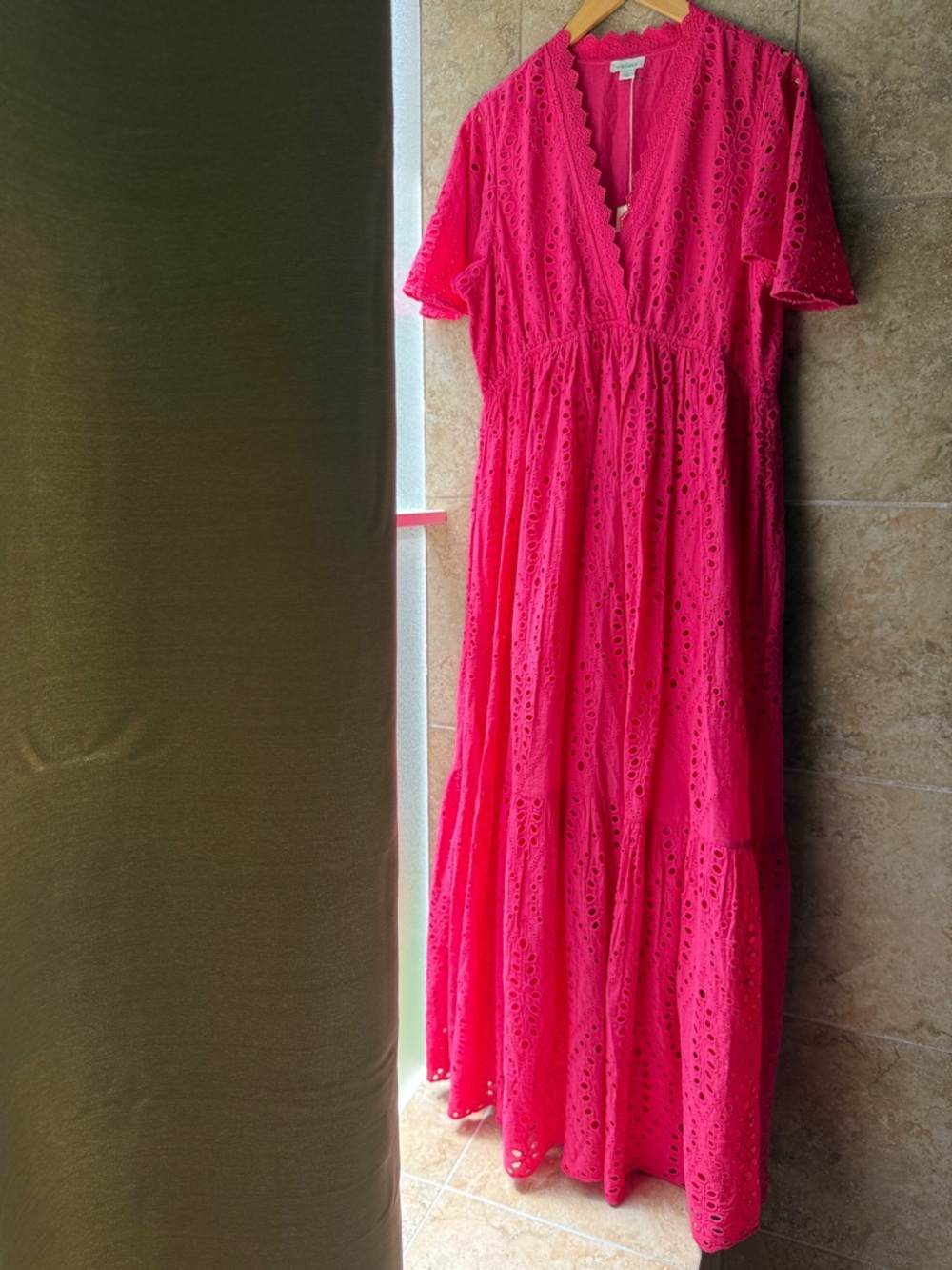 Sundance Juno Eyelet Maxi Dress Pink Pockets Elastic Waist Flutter Sleeves Large - Picture 3 of 16